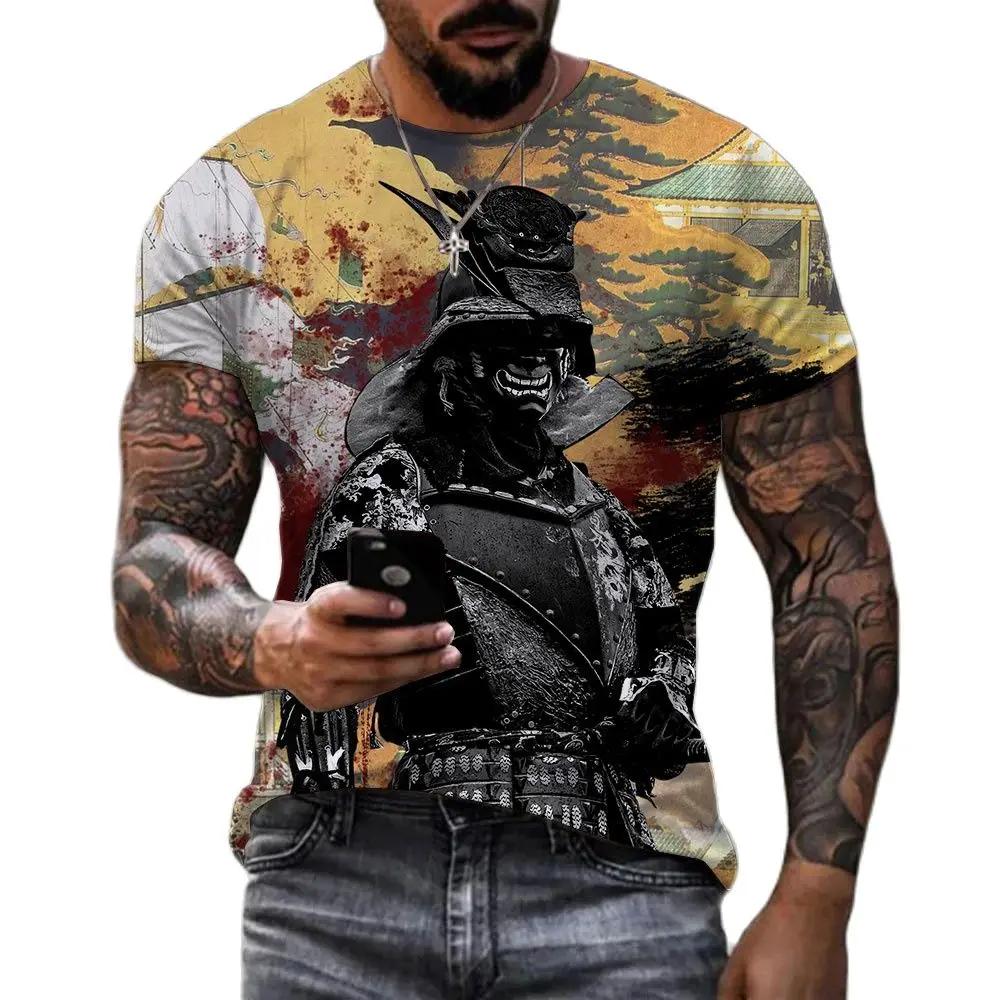 Summer Trend Retro Japanese Samurai Pattern T-shirt Personality Men's T-shirt Harajuku Round Neck Short Sleeve Top T-shirt