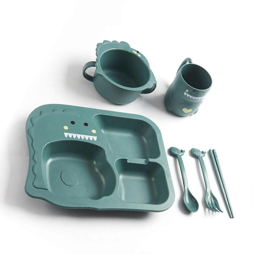 Baby Divided Dinner Plate Cartoon Dinosaur Baby Feeding Bowl Plate Set with Spoon Fork Cup Blue 