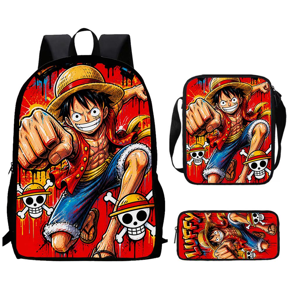 Cartoon One Piece 3pcs Lightweight Durable School Backpack with Crossbody Bag Pencil Case for Boys Girls Age 6-10 Primary School