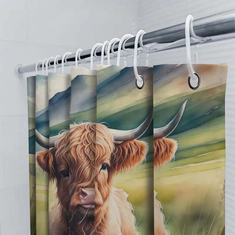 Farm Fresh Highland Cow Shower Curtain Soft Plush Waterproof Fabric with Hook Set for Bath Decor in Various Colors