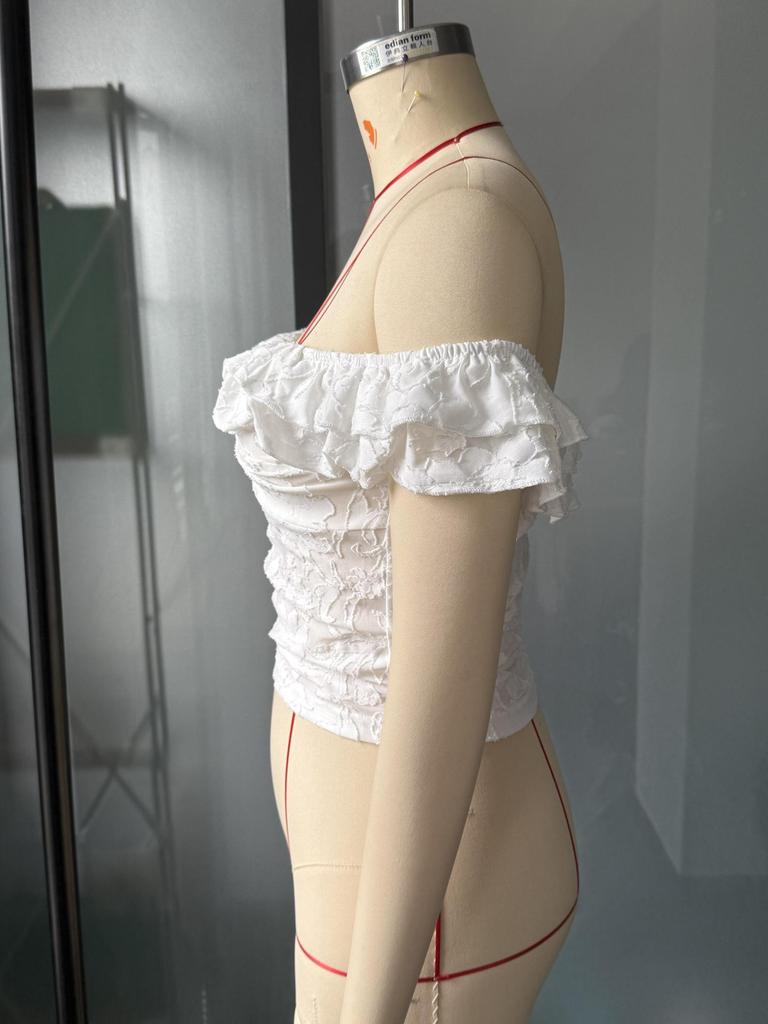Damen Weißes Spitzen-One-Shoulder-Rüschen-Crop-Top mit Rückenausschnitt - Sommer Mode