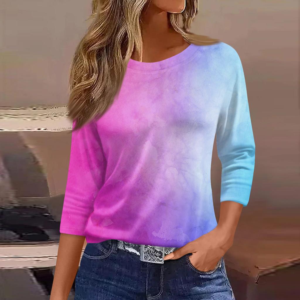 Moda damă ocazional decolteu rotund mâneci 3/4 tricou imprimat largi Top dama