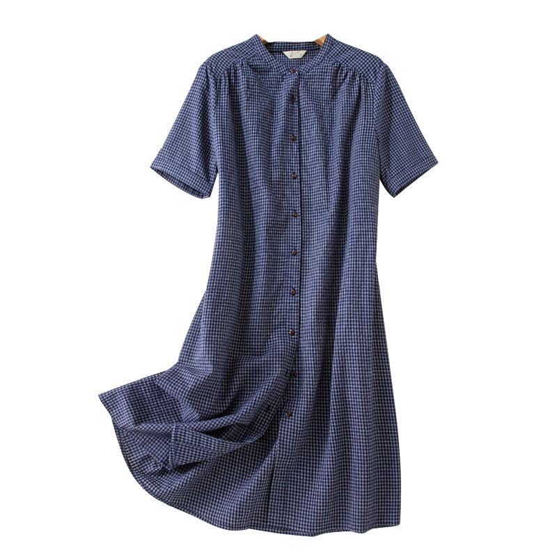 Japanese Style Blue Plaid Cotton Linen Shirt Dress for Women - Summer Short Sleeve Long Layered Design