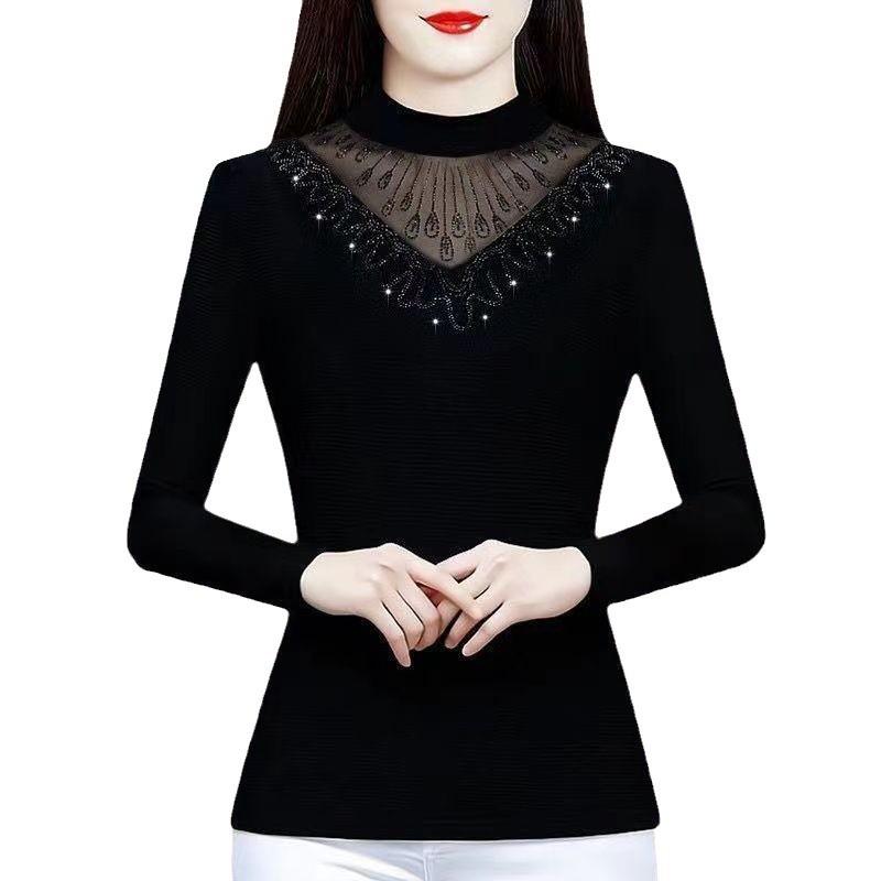 Women's Winter Fleece-Lined Mesh Top | Black Hot Drill Design | Slim Fit Fashionable Mom Shirt