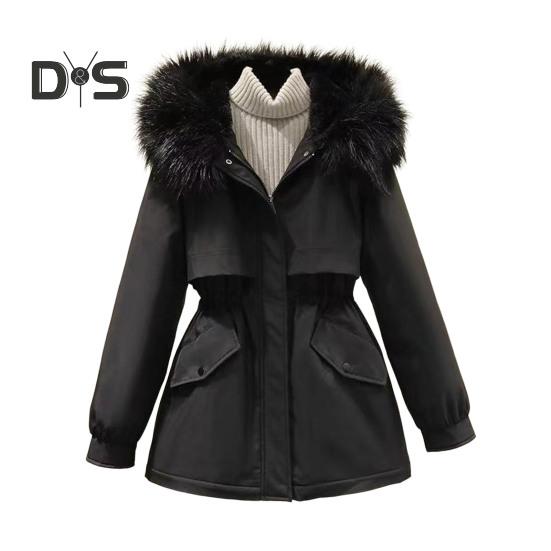 Winter Women Jacket Furry Hood Thickened Plush Long Sleeves Elastic Waist Pockets Zipper Closure Coat Mid Length Windproof Warm Overcoat