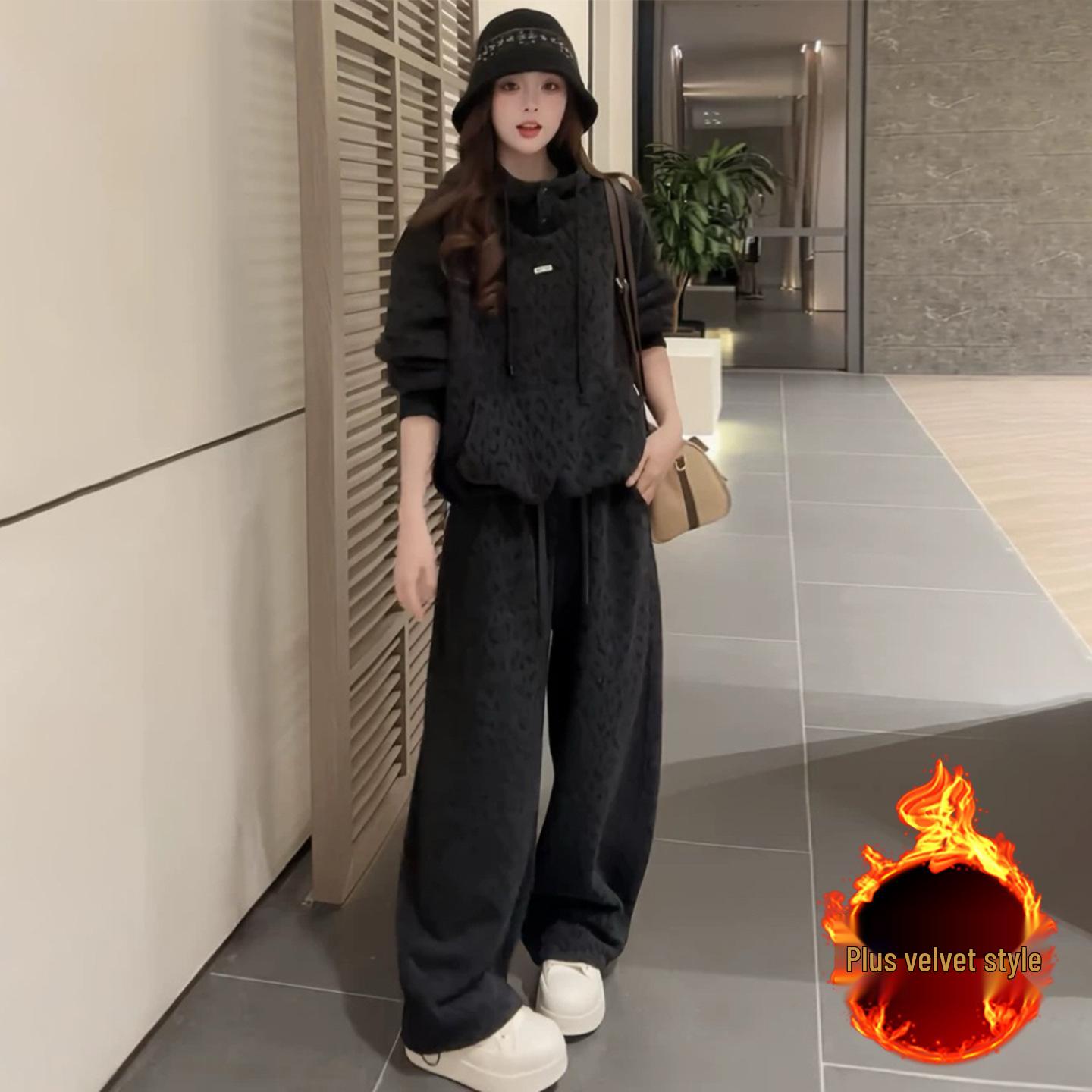 European Style Korean Casual Hooded Sweatshirt & Fleece Wide-Leg Pants Set - Autumn/Winter 2025 XXL
