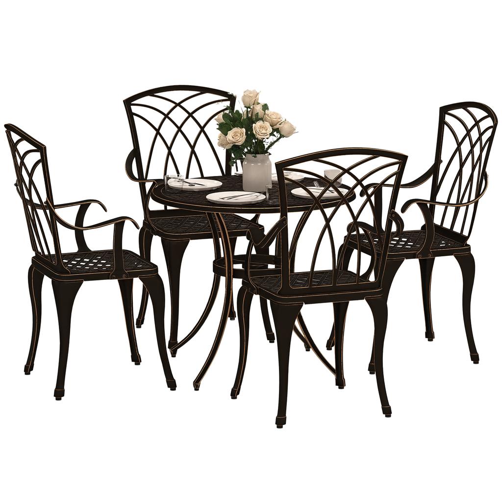 5 Pieces Garden Dining Set for 4, Cast Aluminium Outdoor Dining Set with 4 Armchairs and Round Dining Table with Parasol Hole
