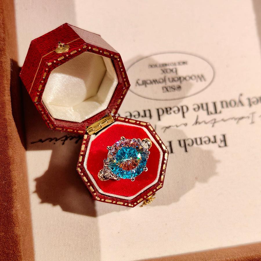 Fashion Light Luxury Octagonal Rose Cut Ring Fashion Inlaid High Carbon Diamond Two-Color Gold Paraiba Blue Diamond Ring Women