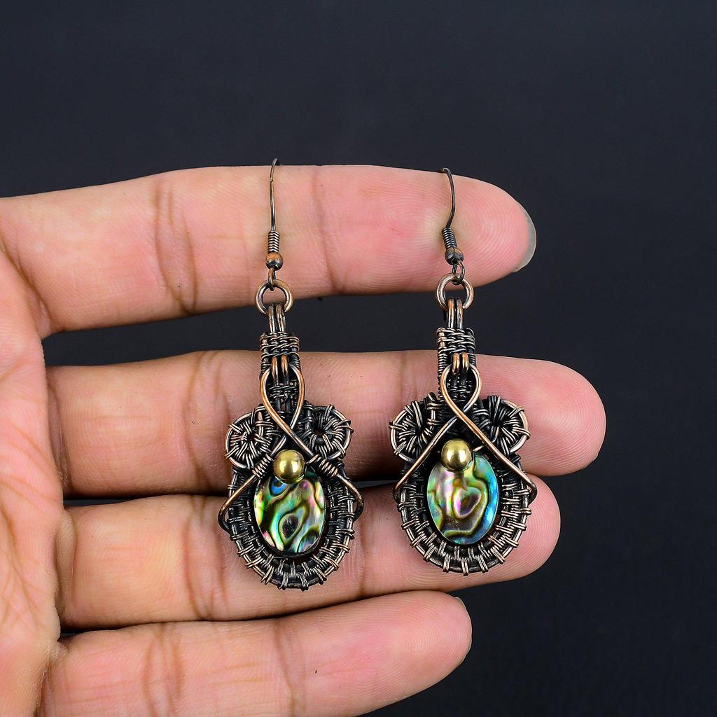 Abalone Shell 999 Copper Wire Wrapped Earrings, Handmade Gemstone Earrings Jewelry, Gifts For Wife Brand New Earrings