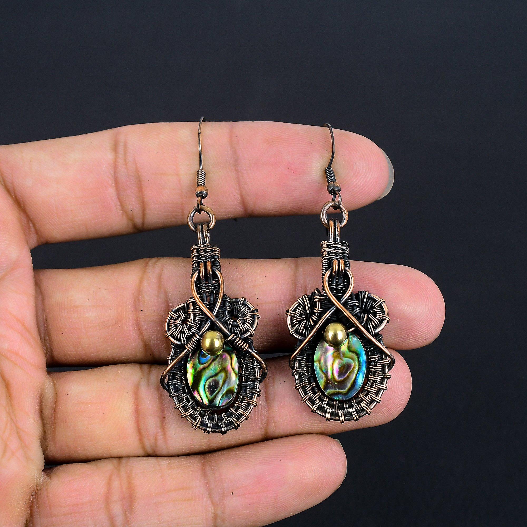 

Серьги из раковины абалона, обернутые медной проволокой 999 пробы, Ювелирные изделия с драгоценными камнями ручной работы, Подарки для жены, Совершенно новые серьги 2.55 Inches