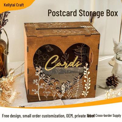 Caixa de Cartões Postais de Madeira Criativa: Livro de Convidados/Caixa de Armazenamento e Montagem de Cartões para Banquete de Casamento