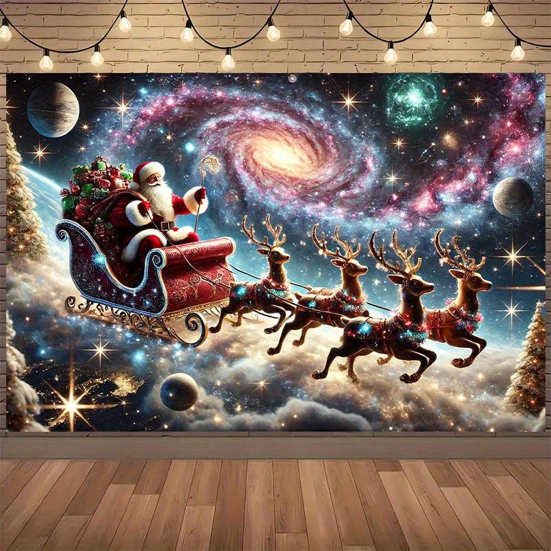 1 Stück Festliches Weihnachtlicher Sternenhimmel Wandteppich mit Weihnachtsmann & Rentierschlitten Szene - Vielseitige Polyester Wanddekoration für Wohnzimmer,