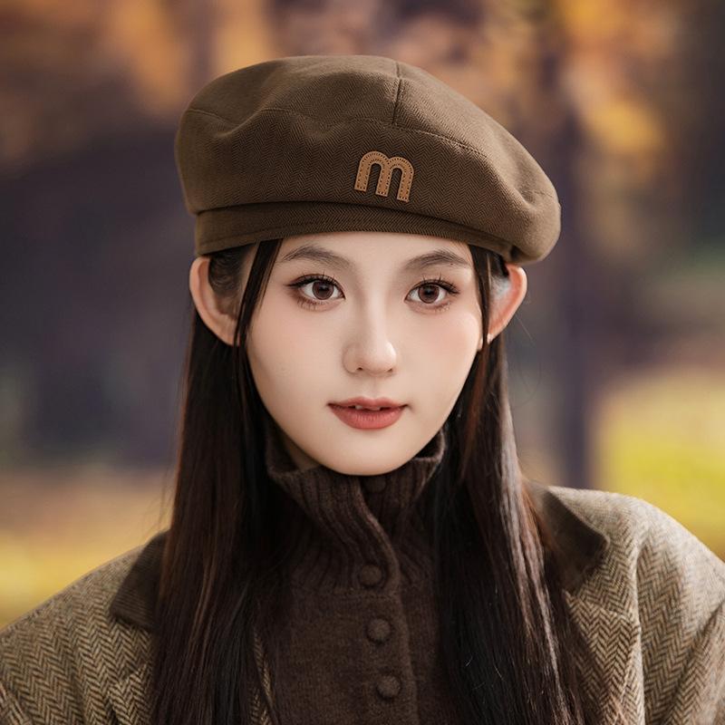 Japanese Retro M mark Versatile Solid Color Beret Autumn and Winter Outdoor Leisure Windproof Octagonal Hat British Style Painter Hat