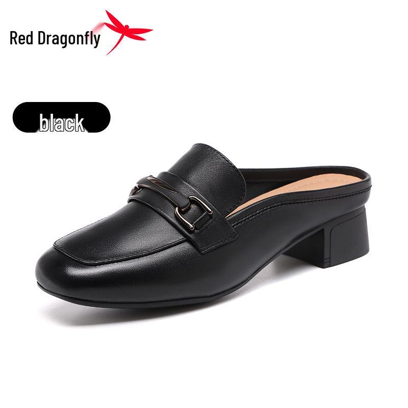 Red Dragonfly Women s Slip-on High Heel Leather Mules with Thick Sole - Summer Casual Shoes 38