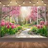 Spring Window View Pink Tulips Cherry Blossoms Garden Tapestry Wall Hanging For Living Room Bedroom Decornature Floral Art Print