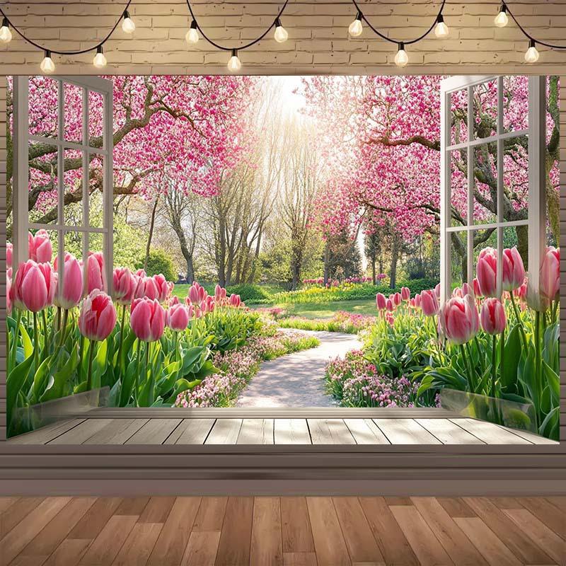 Spring Window View Pink Tulips Cherry Blossoms Garden Tapestry Wall Hanging For Living Room Bedroom Decornature Floral Art Print 70x100cm28x39in