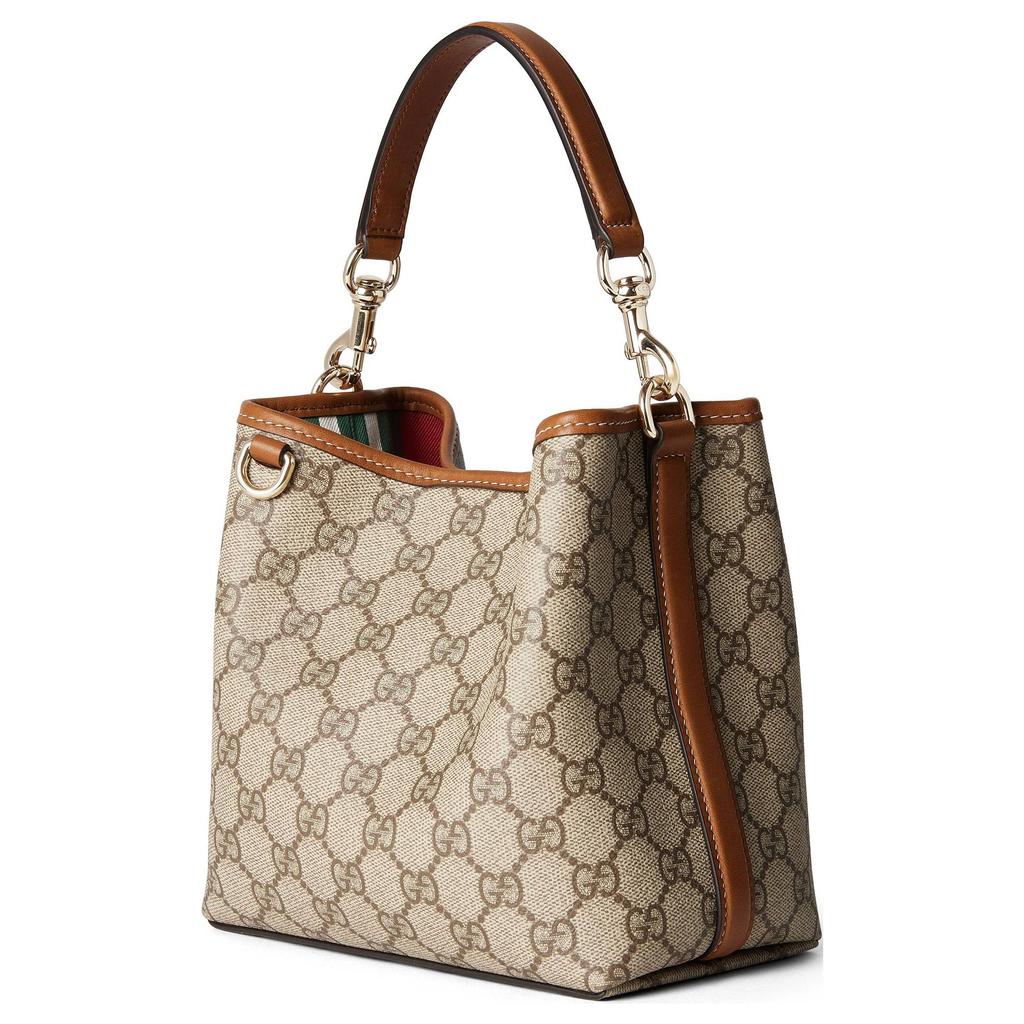 Gucci GG Emblem Removable Adjustable Shoulder Strap Bucket Bag Women Handbags Beige Dark-Brown 815118-FAD6L-9758