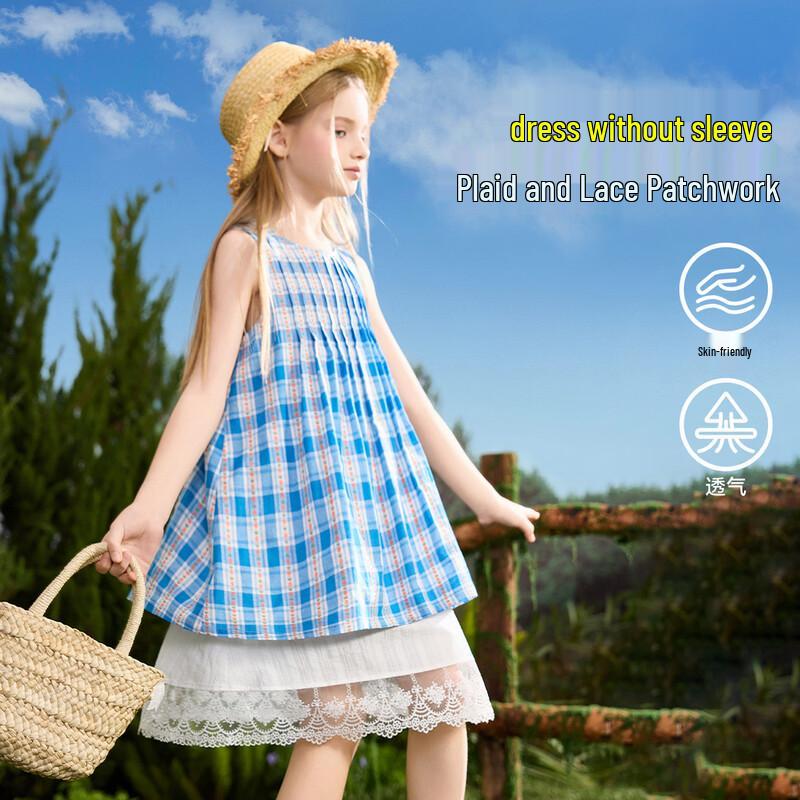 ASK JUNIOR Girls  Plaid Lace Stitch Summer Dress 160