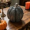 Halloween Pumpkin Decor Faux Rattan Resin Figurine, Vintage Distressed Orange Black Farmhouse Tabletop Fall Seasonal Window Decor, Indoor Harvest