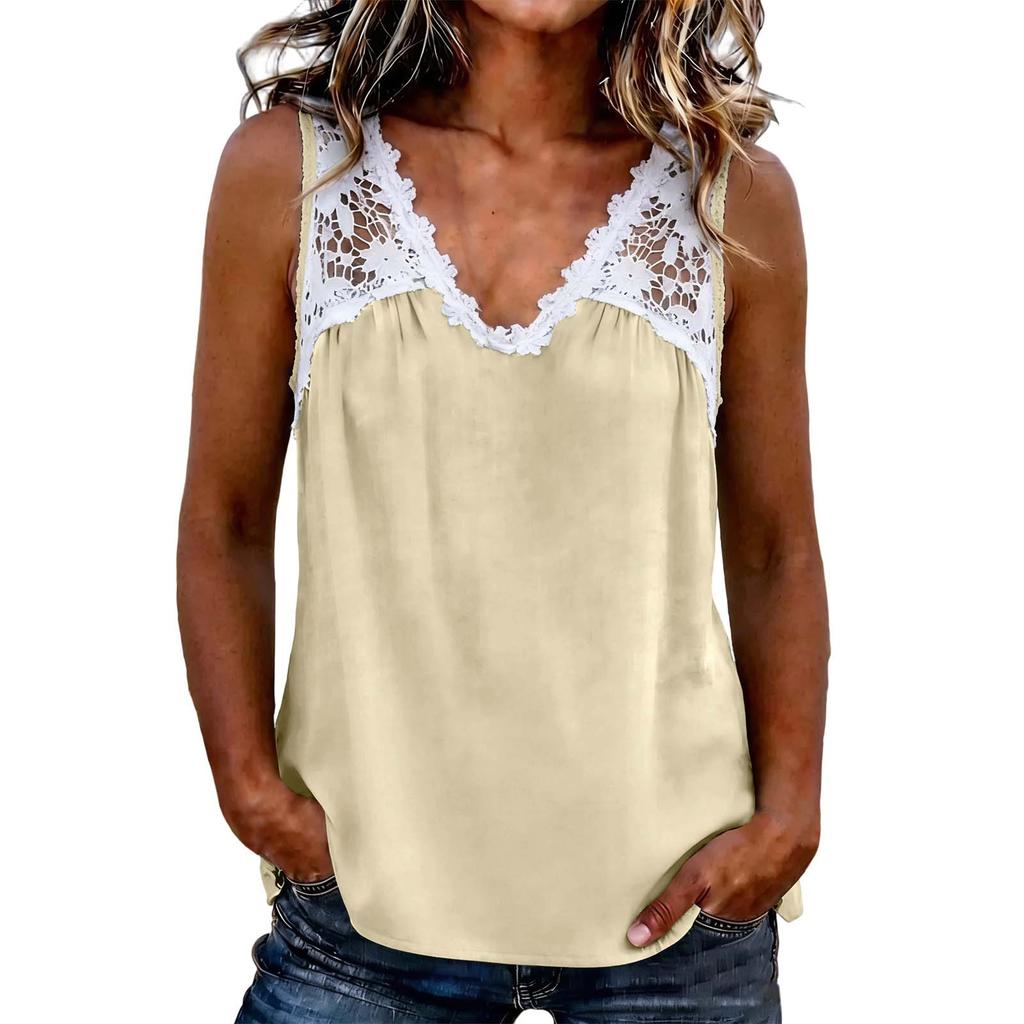 Haut sans manches en dentelle patchwork à col en V pour femme, chemisier décontracté à coupe ample, tissu léger et doux, chemise d'été pour un usage quotidien
