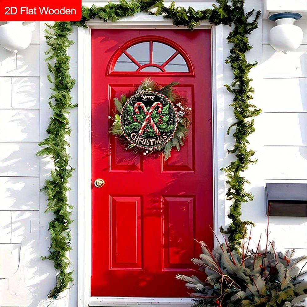 2D Flat 1pc Christmas ‘'Cane Sugar Greens’' Logo Wooden Sign Decoration, Front Door Embossed Effect Wall Decoration, Suitable for Home, Garden Patio