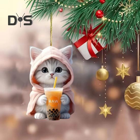 Car Hanging Pendant 2D Kitty In Hoodie Holding Milk Tea Figurine Lightweight School Bag Shoulder Bag Pendant with Beaded Chain Holiday Gift
