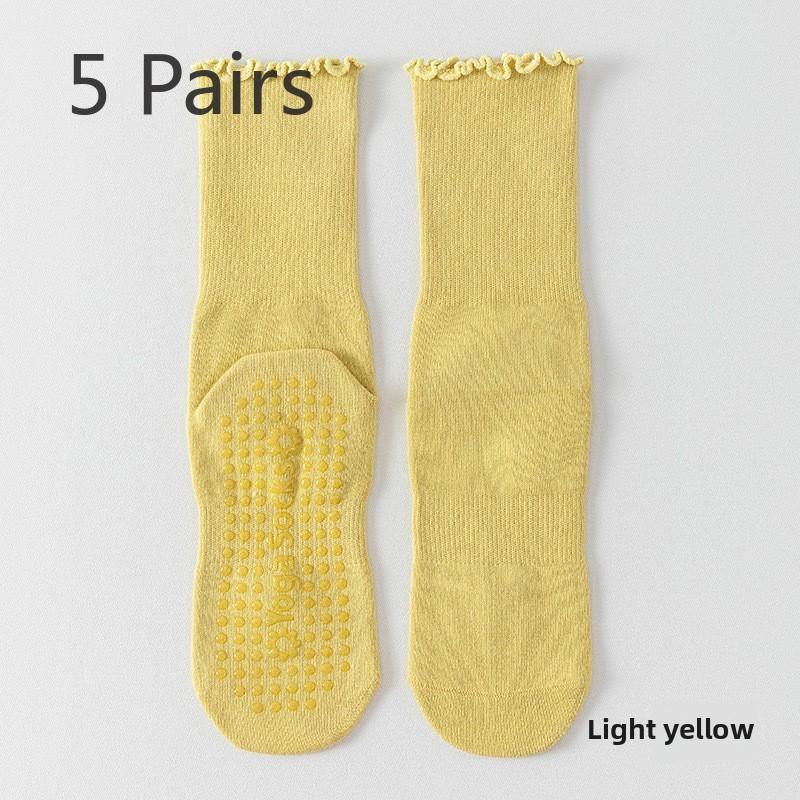 5 Pairs Combed Cotton Socks Boneless Non-slip Indoor Pilates Yoga Stockings Women's Wooden Ear Lace Fitness Sports Stockings