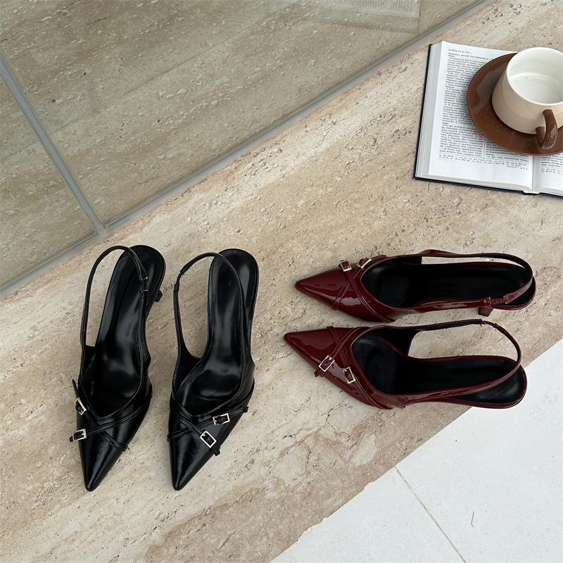 Burgundy high heels bag head sandals women's shoes spring new temperament pointed single shoes large size shoes 414243