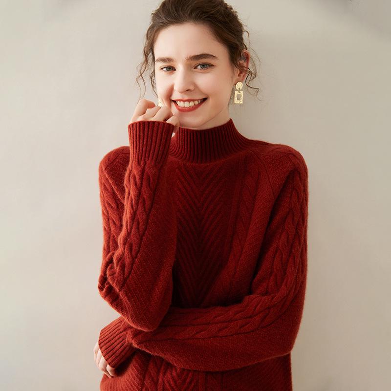 Women's Thickened Cashmere Sweater - Autumn/Winter, Half-High Neck, Twist Pattern Pullover, Casual Fashion.