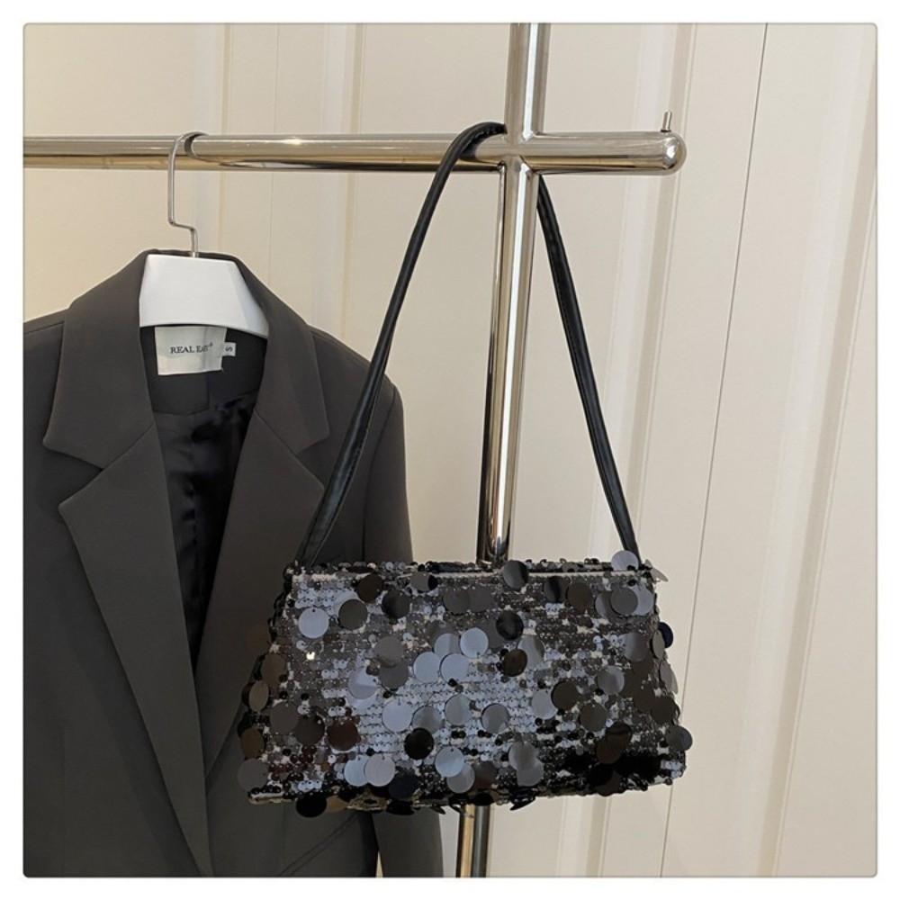 Portable Large Capacity Shoulder Bag Shiny Sequins Multifunctional Women's Handbag with Zipper Solid Color Underarm Bag Dinners