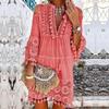 Vestido Mini Boho de Encaje con Escote en V y Borlas de Manga Tres Cuartos para Mujer