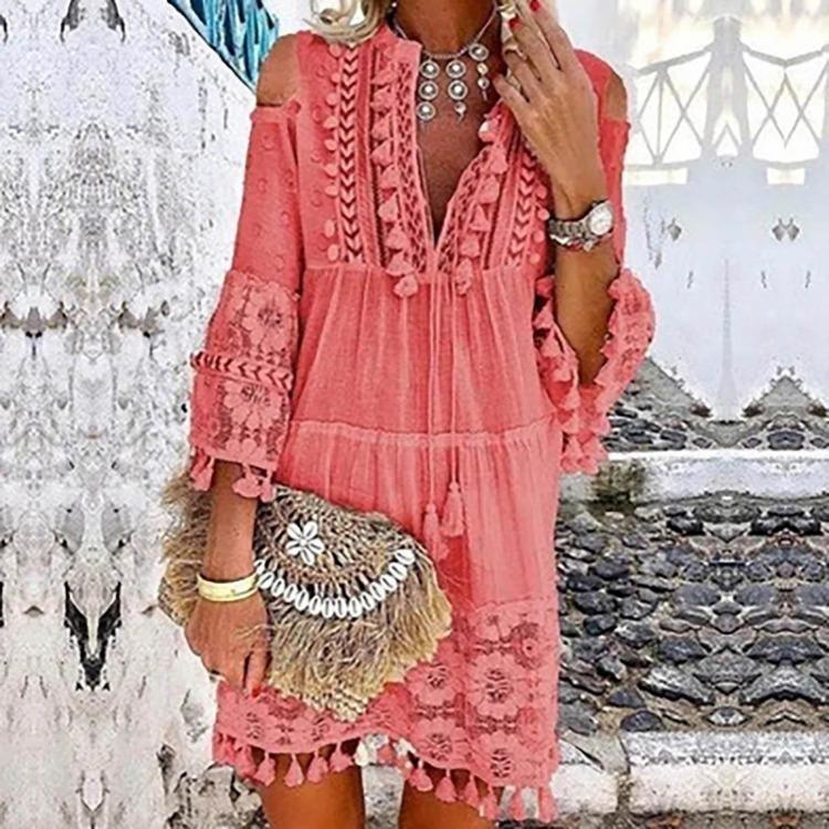 Vestido Mini Boho de Encaje con Escote en V y Borlas de Manga Tres Cuartos para Mujer