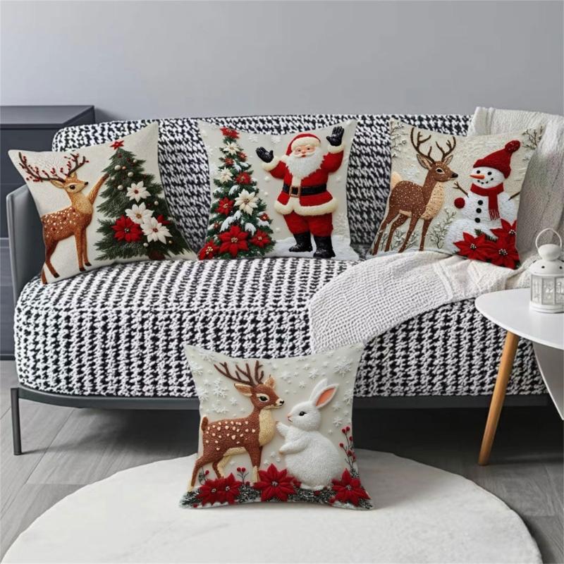 Printed Elk Rabbit Santa Snowman Holiday Decorative Linen Cushion Cover Christmas Pillowcase For Living Room Bedroom