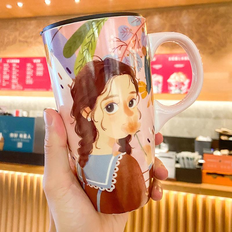 600ML Japanese Style Large Drinking Cup With Lid Small Fresh Ceramic Breakfast Mug for Girl Birthday Gift