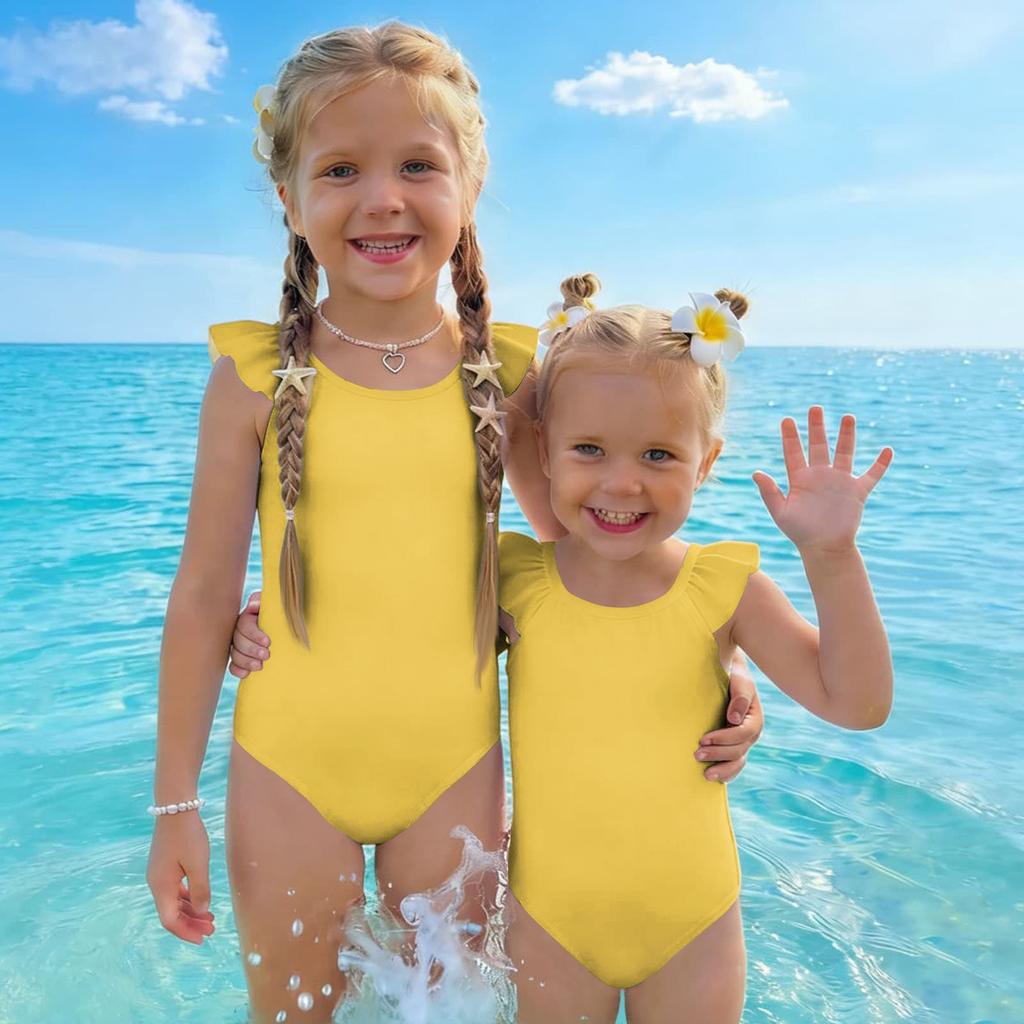 Costume da bagno intero per bambina Estate Colore Unico Costumi da bagno Bambini Senza Maniche Spalla con Volant Costume da bagno Abbigliamento da spiaggia per bambini