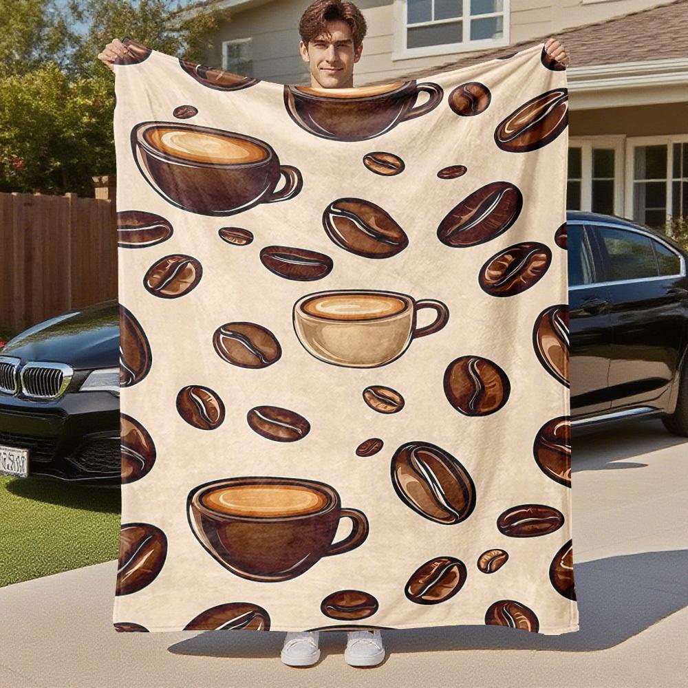 1pc Coffee Beans Coffee Cups Outdoor Flannel Blanket Soft Warm All-Season Throw for Sofa Bed Car Camping Office, Cozy Gift Idea1253S