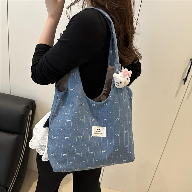 2025 Spring and Summer New Bow Denim Canvas Bag Korean Simple and Versatile Shoulder Bag Large-capacity Tote Bag