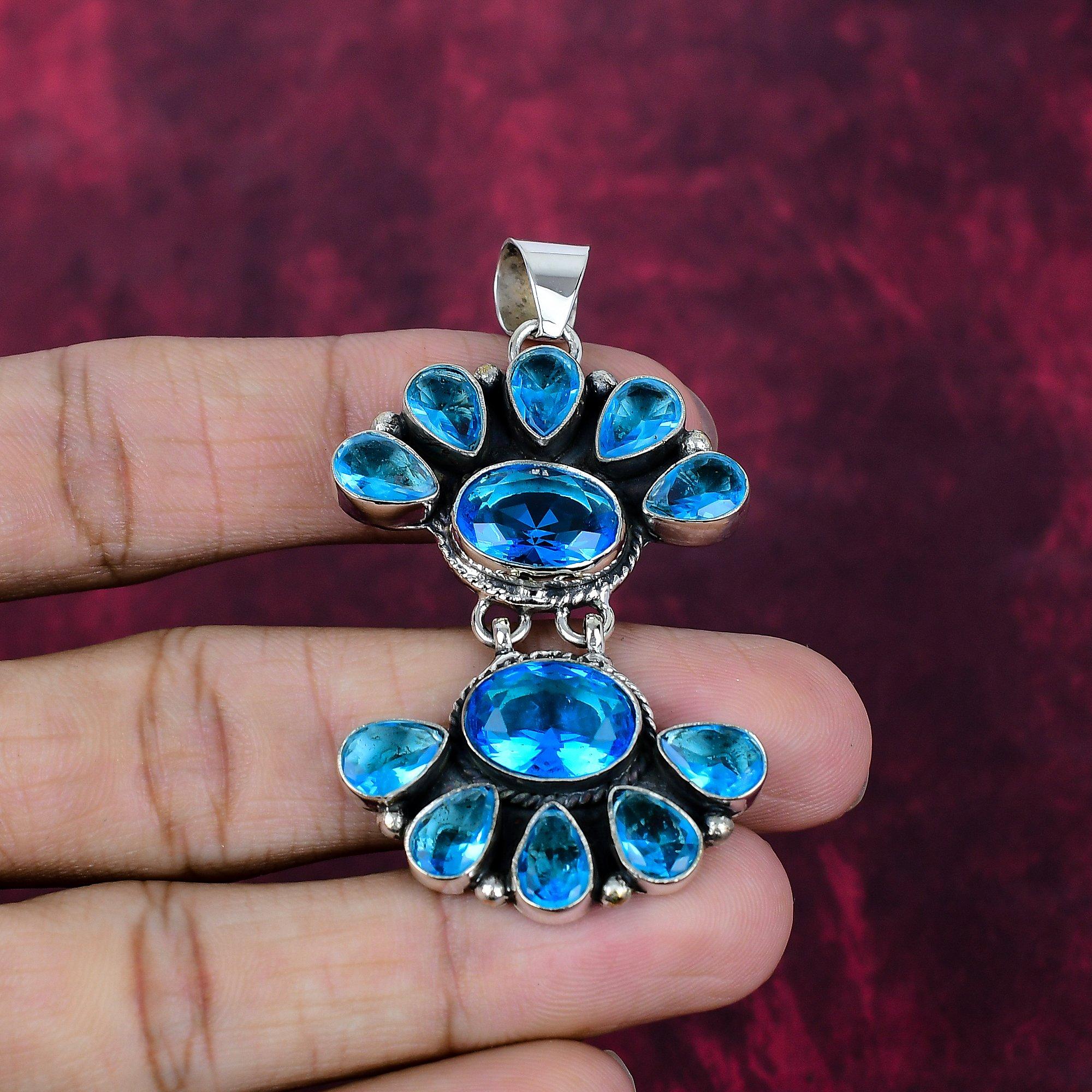 

Blue Topaz Jewelry, 925 Solid Sterling Silver Gemstone Jewelry Pendant, Handmade Jewelry, For Thanksgiving 2.44 Inches синий