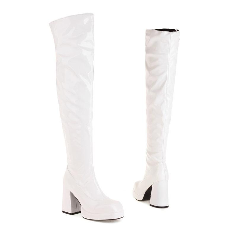 2026 Новые Модные Высокие Каблуки на Толстой Подошве Размеры 32-48 Расписные Сапоги до Колена для Женщин Тренд 34 белый 5080₽
