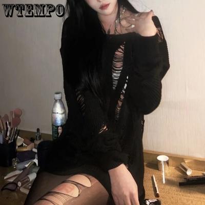 Örme Kırık Kazak Kadın Siyah Gotik Çekme Kazak Gevşek Hollow Out Yırtık Kazak Seksi Şeffaf İnce Uzun Kollu Üst