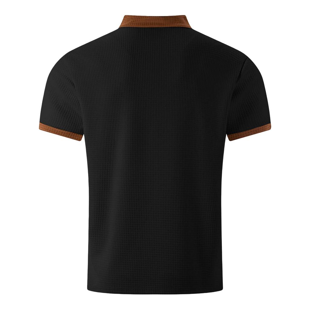 Men's Color Blocked Stand Up Collar Single Breasted Shirt  Men's Casual And Comfortable Short Sleeved Shirt