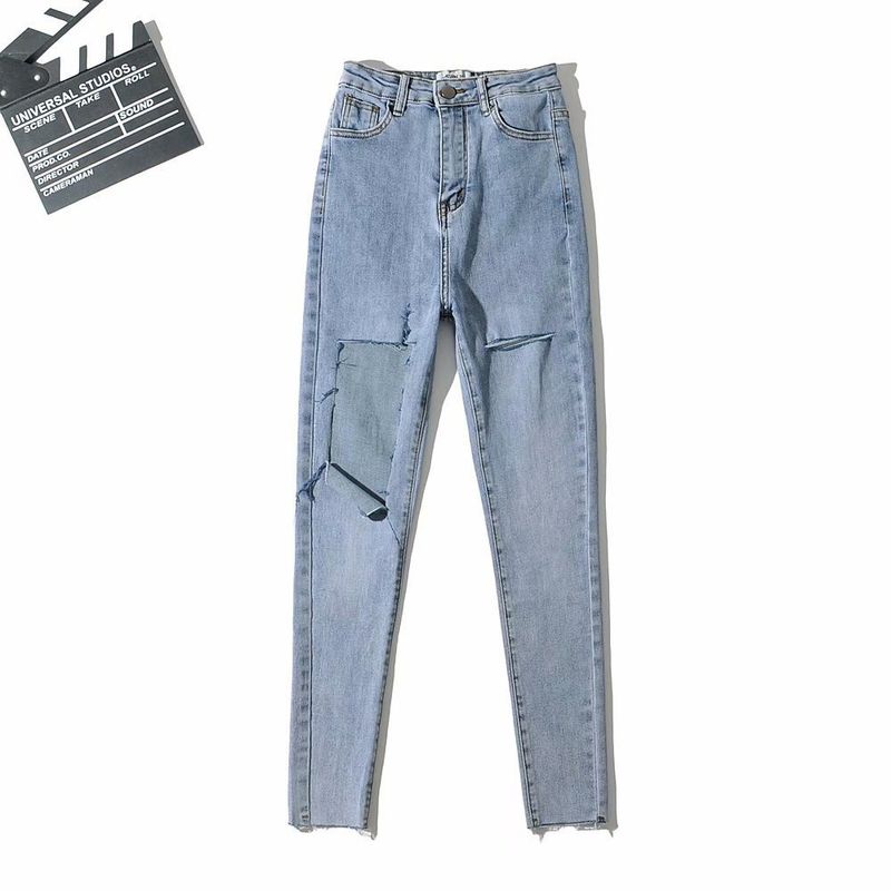 

Akiyo Fashion High Waist Elastic Slim-Fitting Ankle Length Trousers Thigh Hole Denim Female New New Arrival Light Blue Light Blue XS