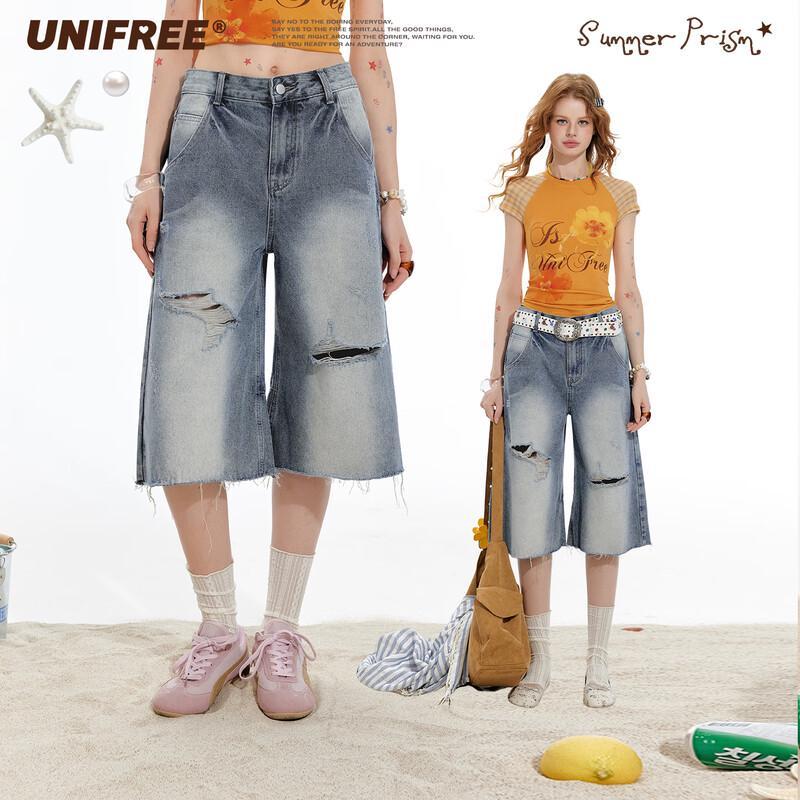UNIFREE 2026 Summer Retro Distressed Washed Loose Jeans L