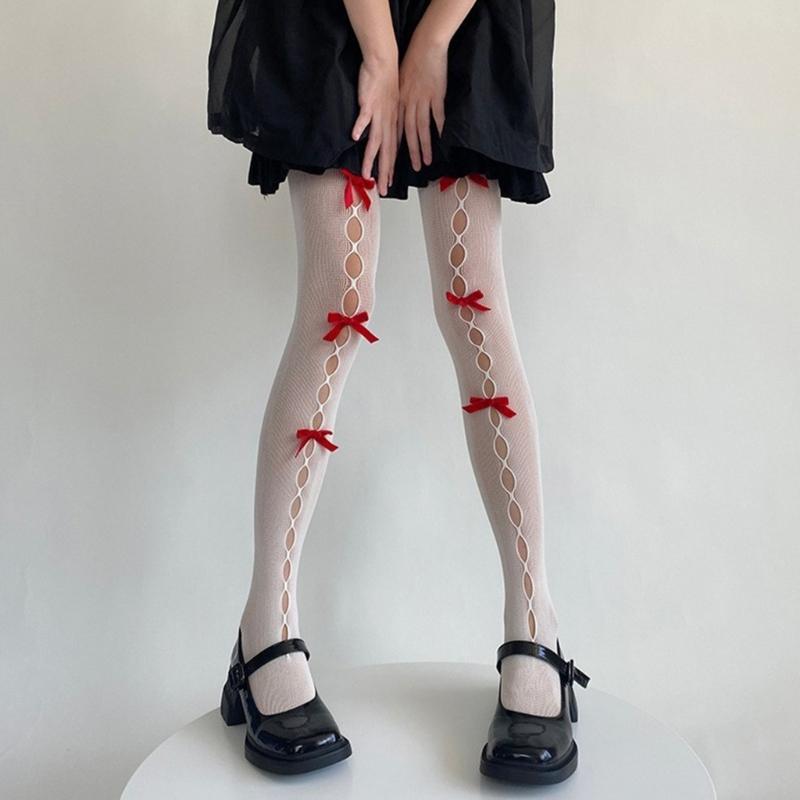 Women's Fishnet Stockings with Bowtie Girls Fish Net Tights with Designs High Waist Pantyhose Thigh High Stockings