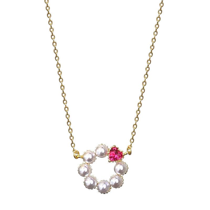 Elegant Temperament Simple Pearl Red Zircon Necklace for Women Korean Style Collarbone Chain for Women