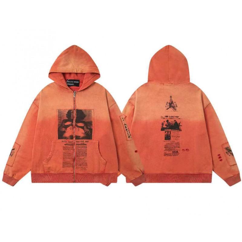 Mens Oversized Streetwear Hoodie With Distressed Zipper Graphic Print Cotton Long Sleeve Pullover Casual Wear