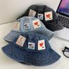 Stamp sticker washed denim bucket hat women's summer versatile washbasin hat cute big head circumference hat