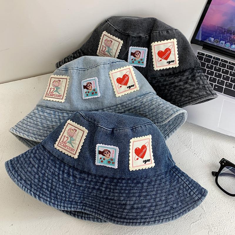 Stamp sticker washed denim bucket hat women's summer versatile washbasin hat cute big head circumference hat