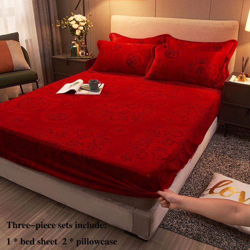 Copriletto in Velluto Corallo Tre Pezzi Copertura Protettiva Integrale per Letto 1,8 M 2 Metri Copriletto Matrimoniale Set Lenzuola