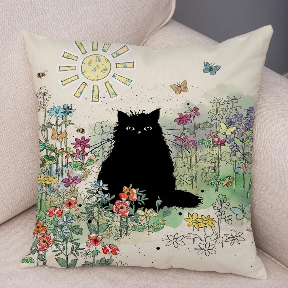 Double Print Cute Elegant Black Cat Cushion Cover Decor Cartoon Animal Pillow Case for Sofa Home Car Soft Plush Throw Pillowcase